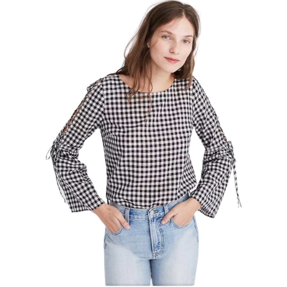 MADEWELL Gingham Lace-Up Bell-Sleeve Top